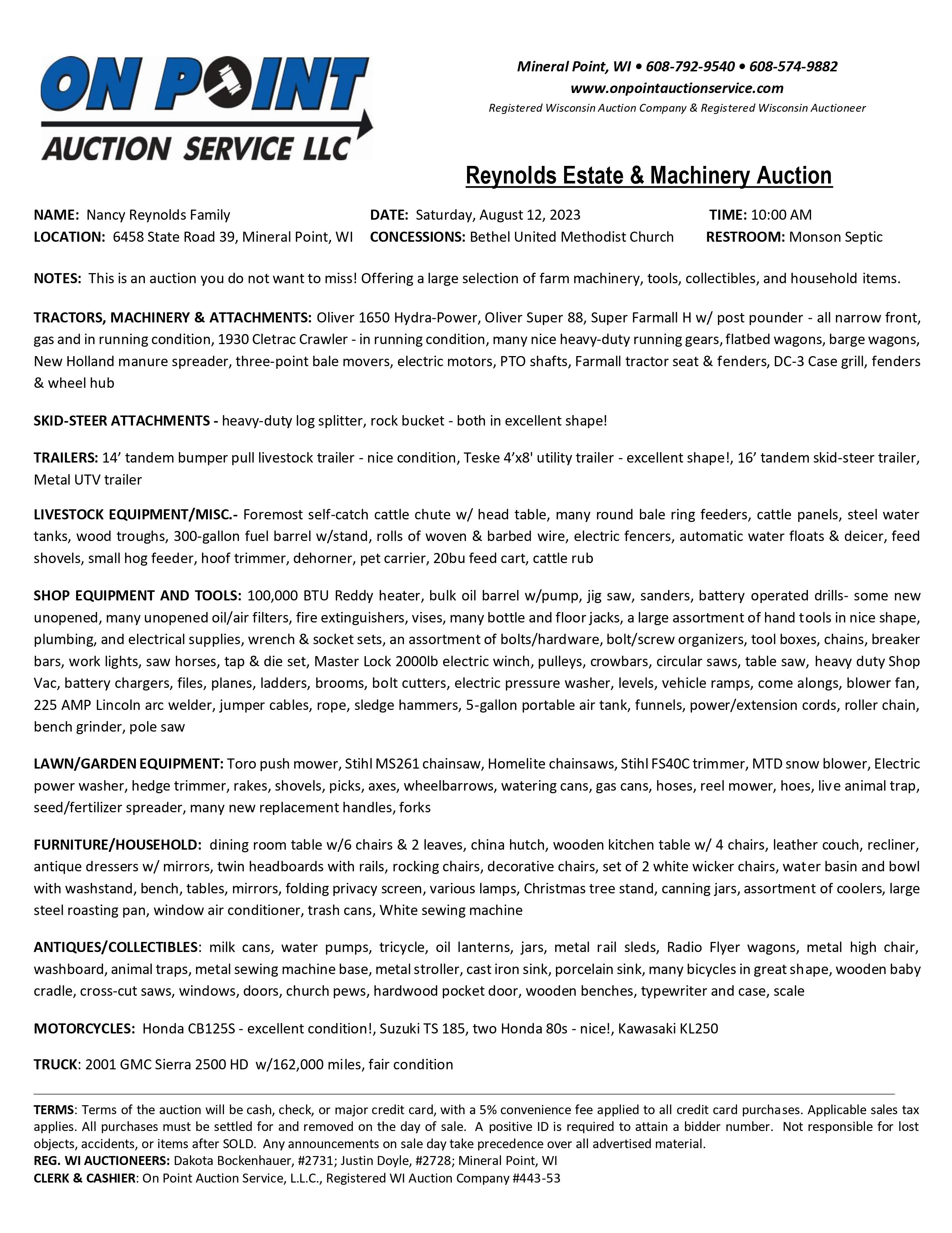 Reynolds Estate & Machinery Auction Sale Bill