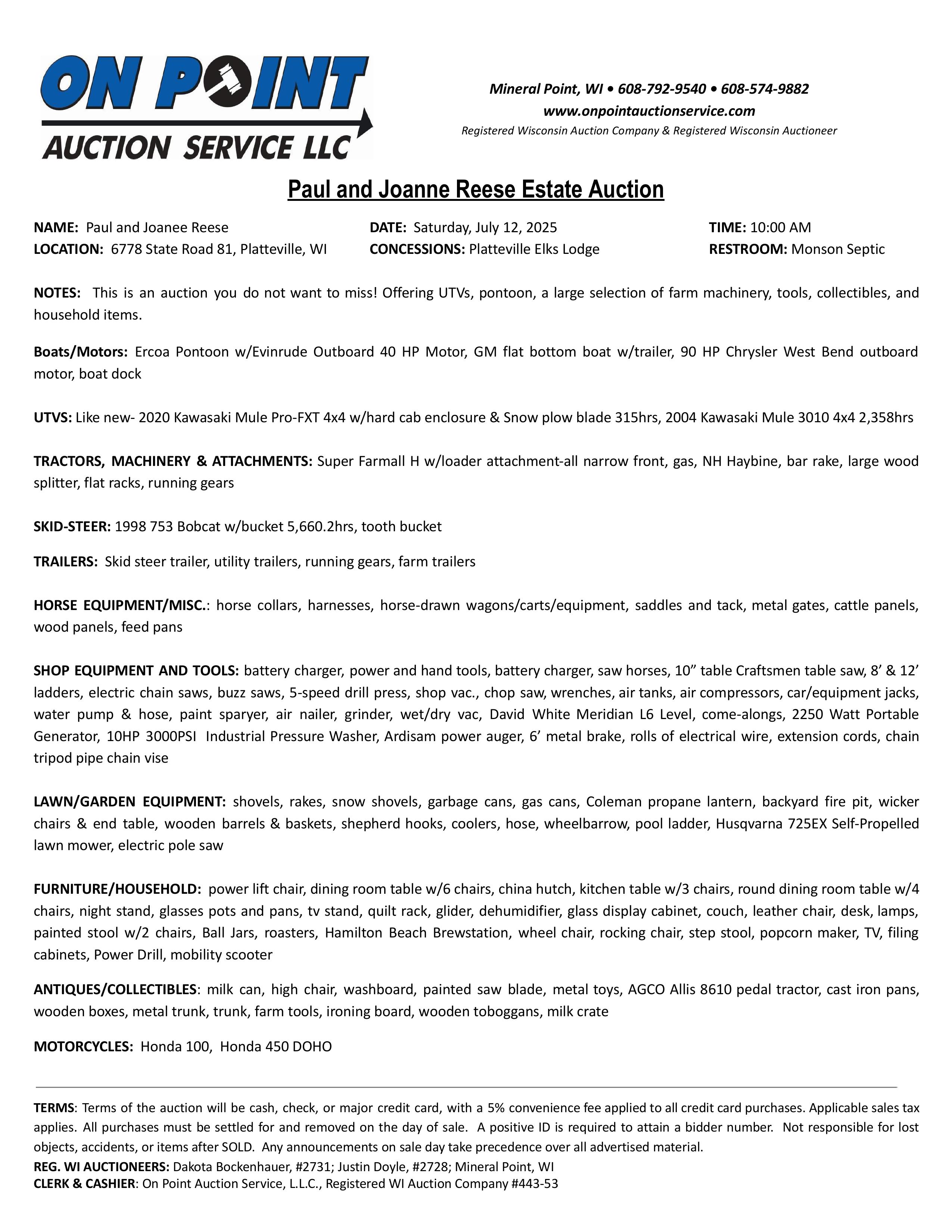 Paul & Joanne Reese Estate Auction Sale Bill